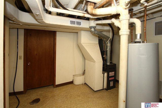 basement with heating unit and water heater