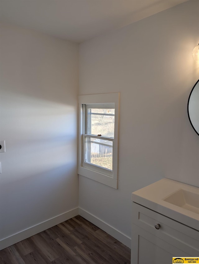 bathroom with vanity and hardwood / wood-style flooring