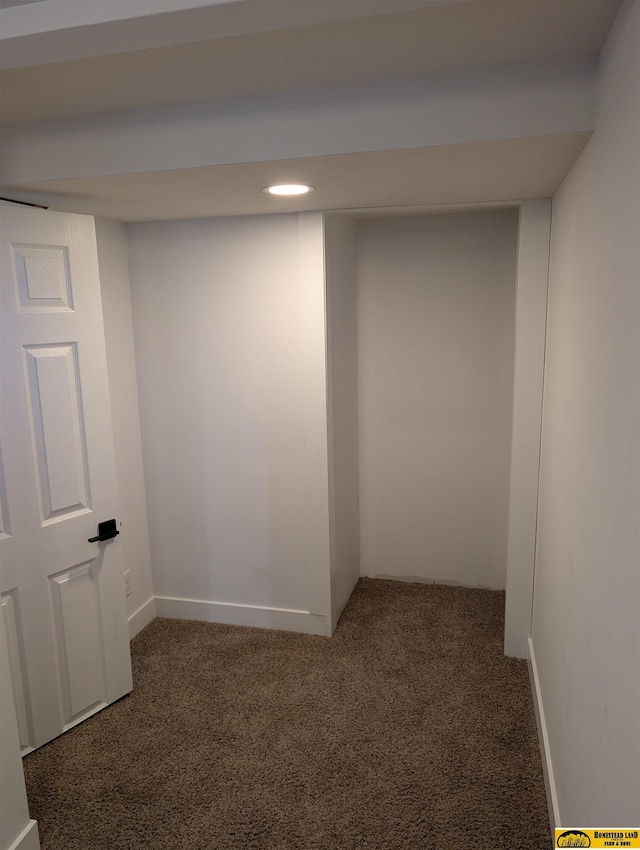 basement with dark colored carpet