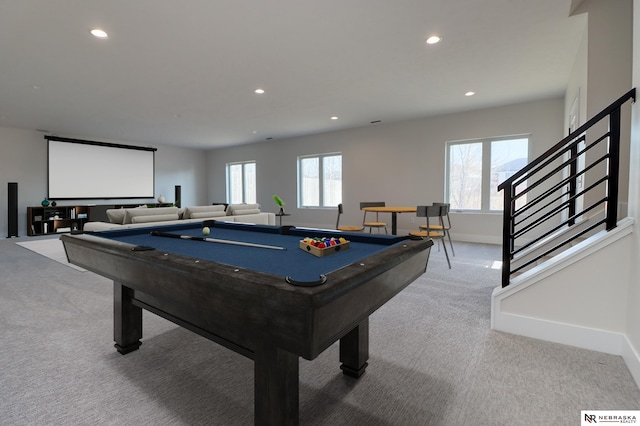 rec room featuring light colored carpet and billiards