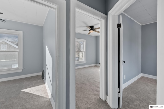 hallway featuring light colored carpet