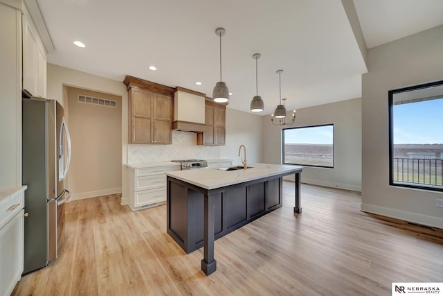 kitchen featuring appliances with stainless steel finishes, tasteful backsplash, sink, pendant lighting, and a center island with sink