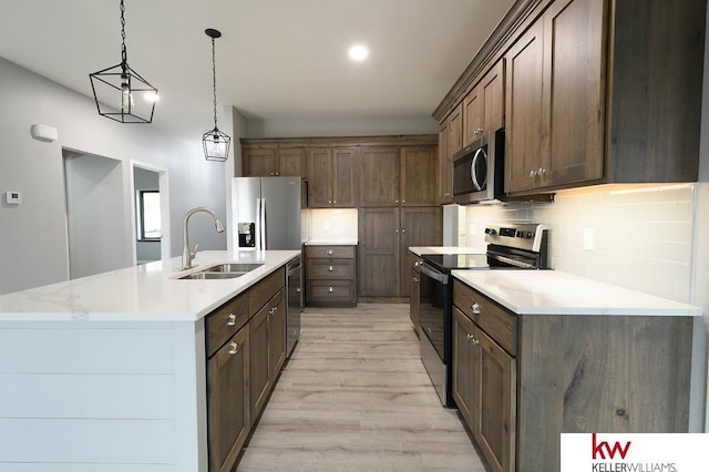 1450 Montana St, Superior, NE 68978 - kitchen with appliances with stainless steel finishes, a sink, light wood finished floors, tasteful backsplash, and an island with sink