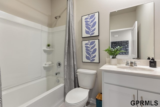 full bathroom with vanity, toilet, and shower / tub combo with curtain