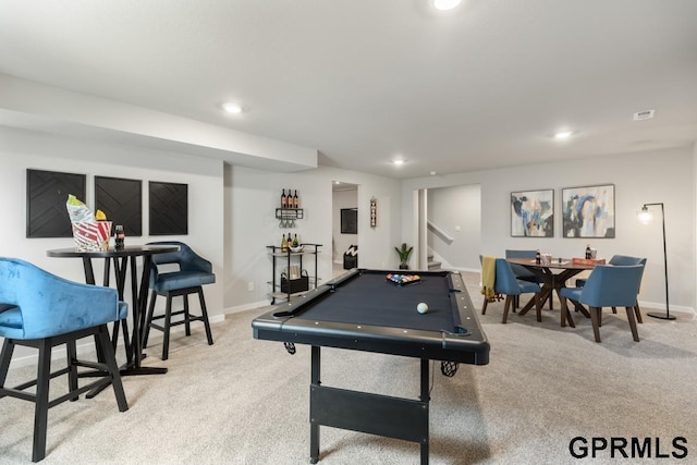 playroom featuring light colored carpet and billiards