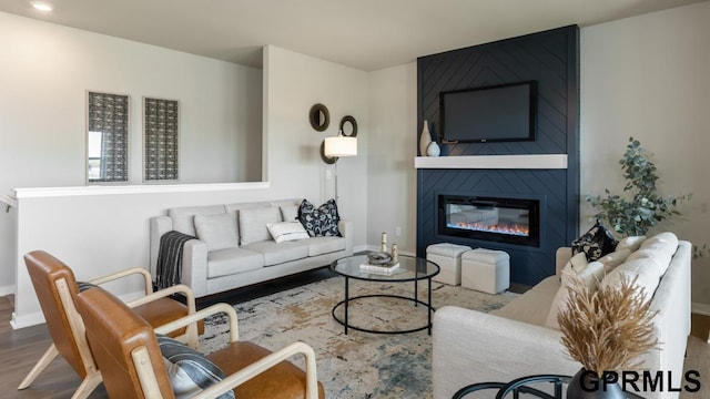 living room featuring a large fireplace and hardwood / wood-style flooring