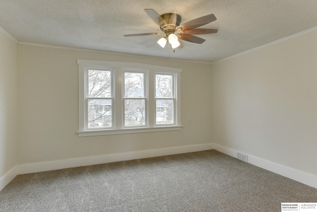 unfurnished room featuring ceiling fan, crown molding, carpet, and a textured ceiling