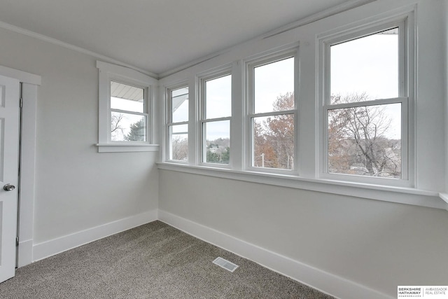 carpeted spare room featuring crown molding