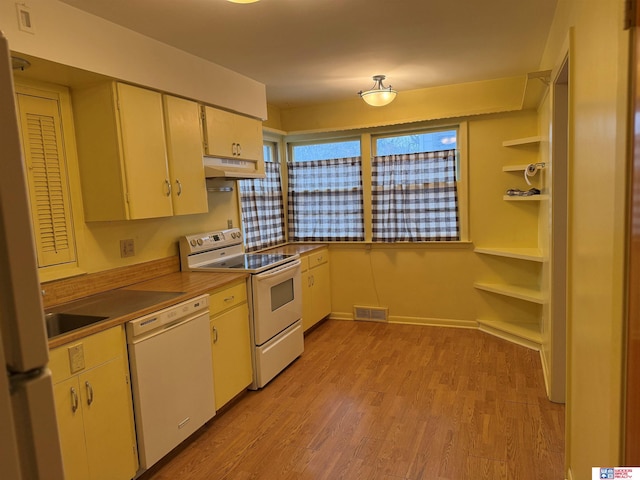 kitchen with light hardwood / wood-style floors and white appliances