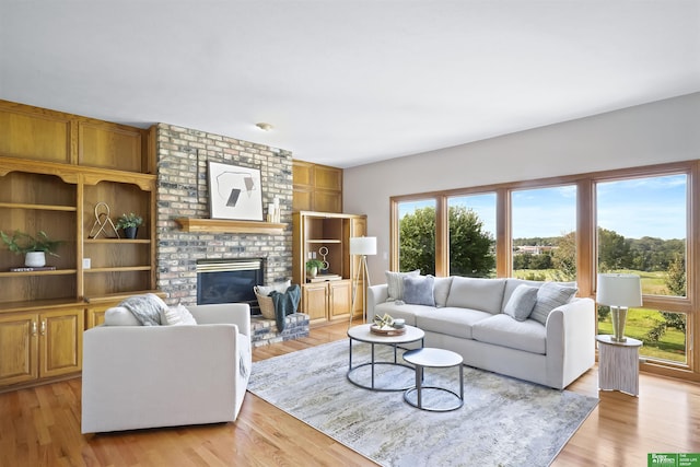 living room with a fireplace and light hardwood / wood-style floors