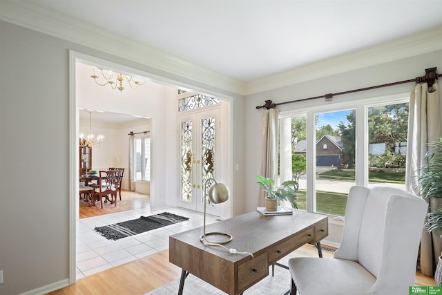 office featuring crown molding, light tile patterned flooring, and a chandelier