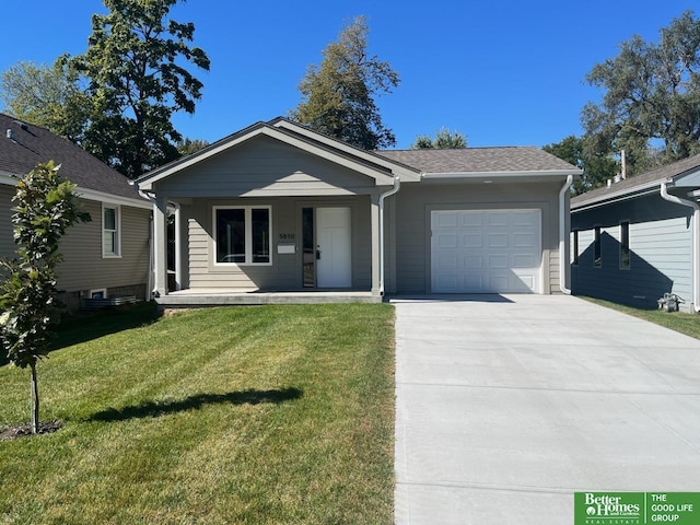 single story home featuring a front lawn, covered porch, and a garage