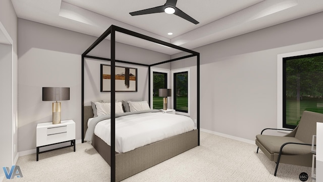 bedroom with ceiling fan and light carpet