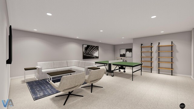 rec room with light carpet