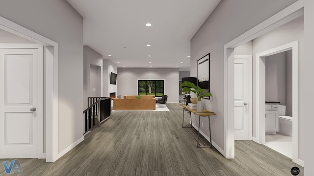 hallway with wood-type flooring