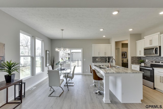 kitchen with backsplash, stainless steel appliances, decorative light fixtures, a center island with sink, and white cabinets