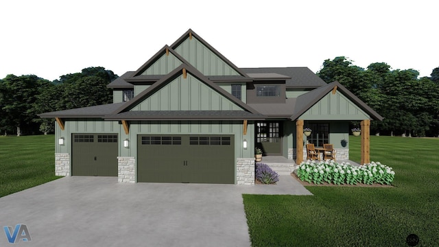 craftsman house with a garage, covered porch, and a front lawn