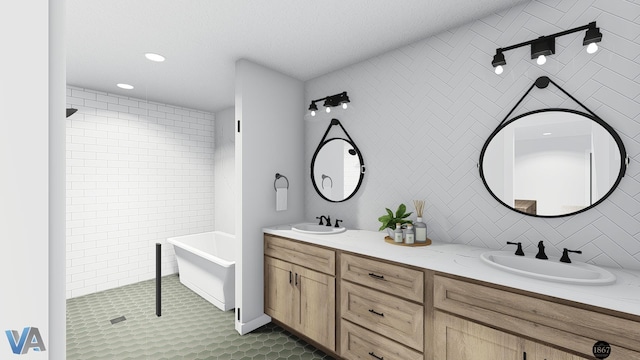 bathroom featuring tile patterned floors, vanity, and plus walk in shower