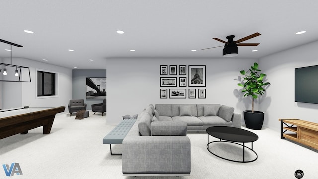 carpeted living room with ceiling fan and pool table