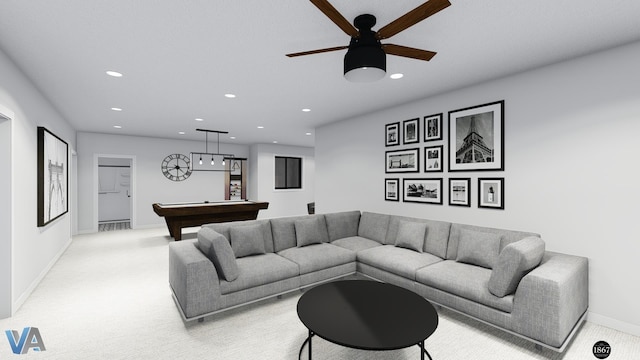 carpeted living room featuring ceiling fan and pool table