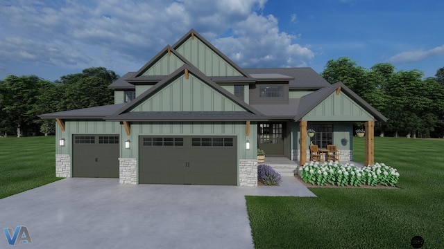 craftsman-style house featuring a front lawn, a porch, and a garage