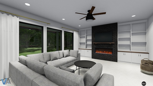 carpeted living room featuring a brick fireplace and ceiling fan