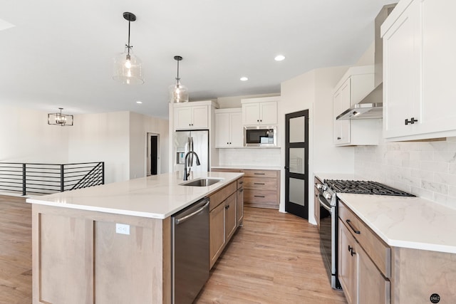 kitchen with pendant lighting, white cabinets, a spacious island, sink, and appliances with stainless steel finishes