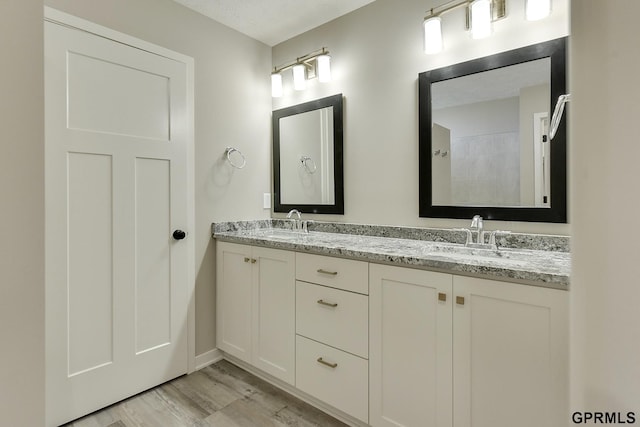 bathroom with hardwood / wood-style floors and vanity