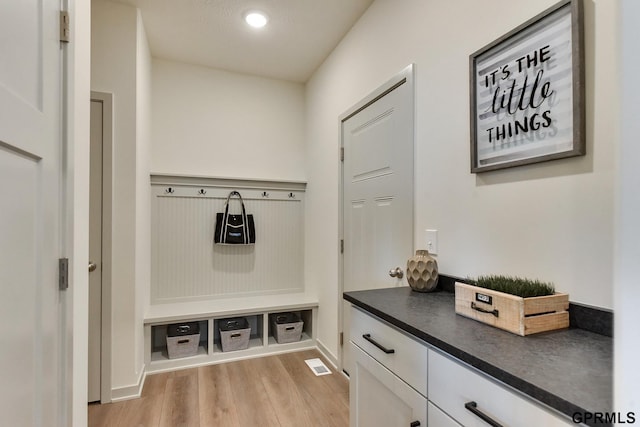 mudroom with light hardwood / wood-style flooring