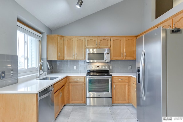 kitchen featuring decorative backsplash, sink, high vaulted ceiling, and stainless steel appliances