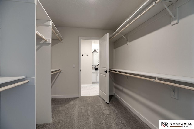 walk in closet with dark colored carpet