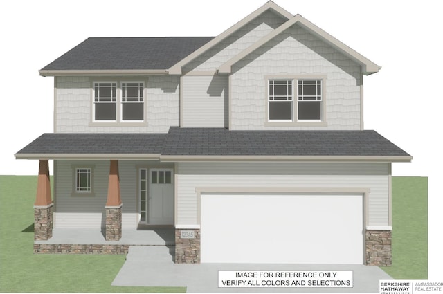 view of front facade featuring covered porch, driveway, stone siding, and an attached garage