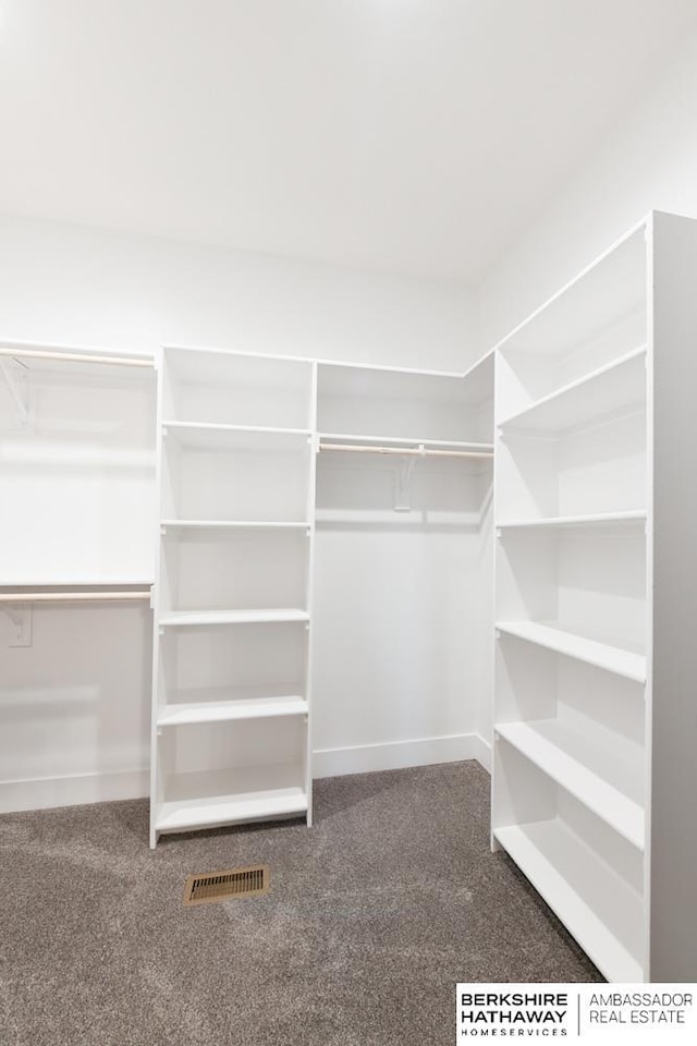 walk in closet with dark carpet