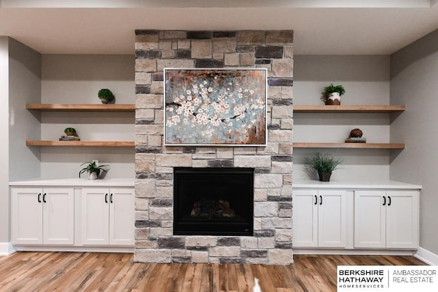 room details with a stone fireplace, built in shelves, and hardwood / wood-style flooring