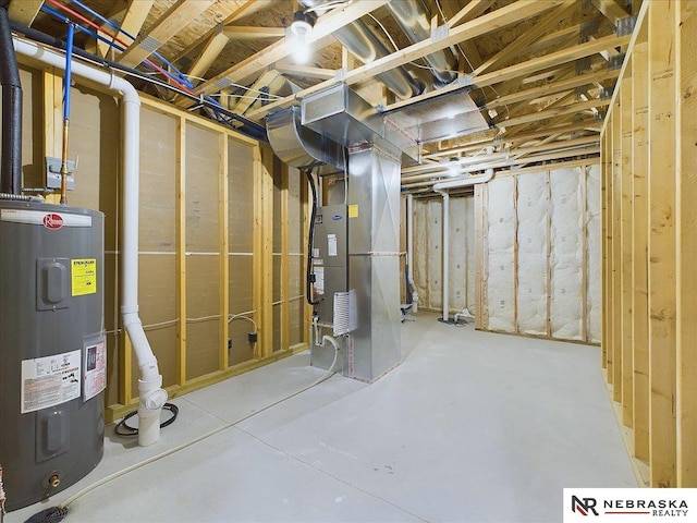 basement with electric water heater and heating unit