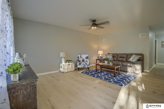 living room featuring ceiling fan and hardwood / wood-style flooring