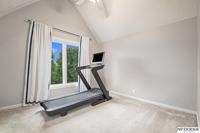 exercise room with carpet, vaulted ceiling, and ceiling fan