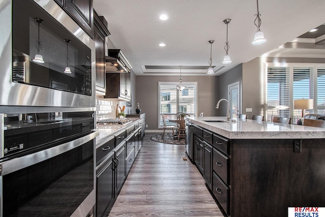 kitchen with sink, a raised ceiling, pendant lighting, a center island with sink, and hardwood / wood-style flooring