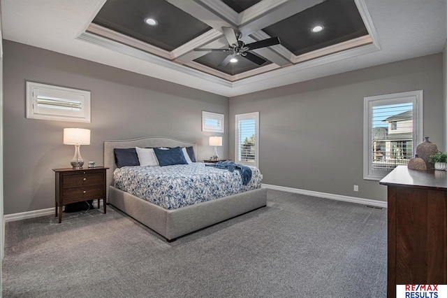 bedroom featuring beam ceiling, ceiling fan, coffered ceiling, multiple windows, and carpet