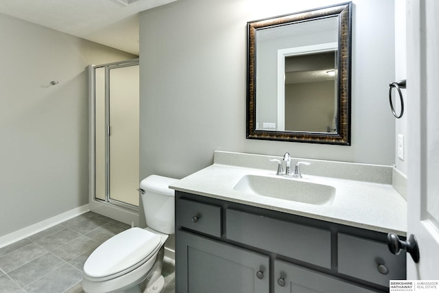 full bath featuring tile patterned flooring, a shower stall, baseboards, toilet, and vanity