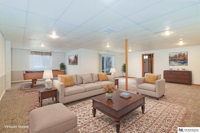 carpeted living room featuring a wealth of natural light, a drop ceiling, and pool table