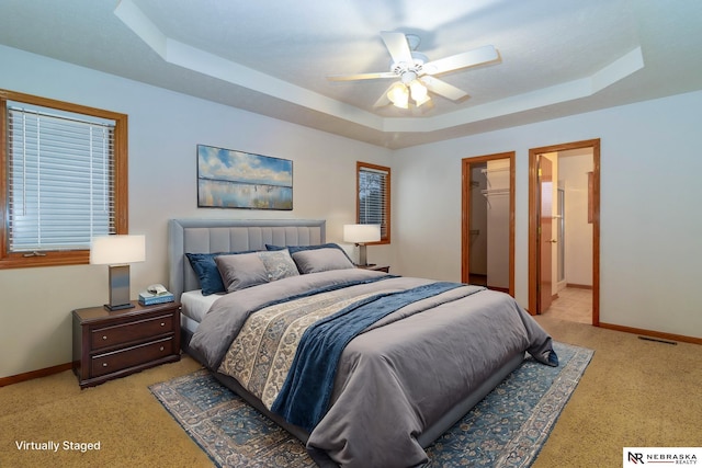 bedroom with a raised ceiling, a walk in closet, ceiling fan, light colored carpet, and a closet