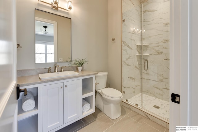 bathroom with tile patterned floors, vanity, an enclosed shower, and toilet