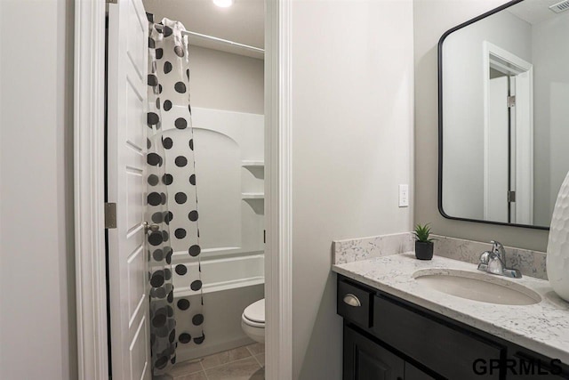 full bathroom with toilet, shower / bath combination, tile patterned floors, and vanity