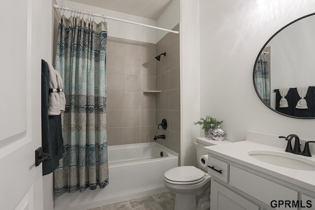 full bath with toilet, shower / bath combo, and vanity