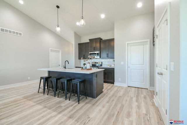 kitchen with decorative backsplash, appliances with stainless steel finishes, dark brown cabinetry, pendant lighting, and a center island with sink