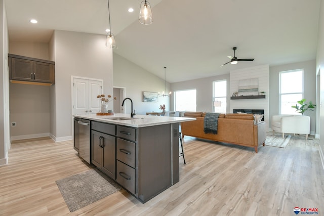 kitchen with dark brown cabinetry, dishwasher, sink, a kitchen island with sink, and light wood-type flooring