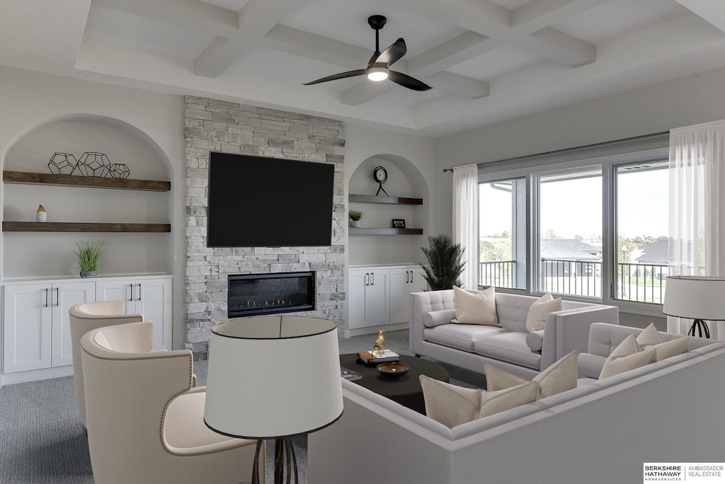 living room featuring a fireplace, built in shelves, ceiling fan, and coffered ceiling