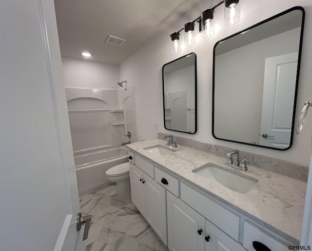 full bathroom featuring vanity, toilet, and bathtub / shower combination