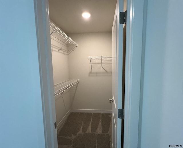 walk in closet featuring dark carpet